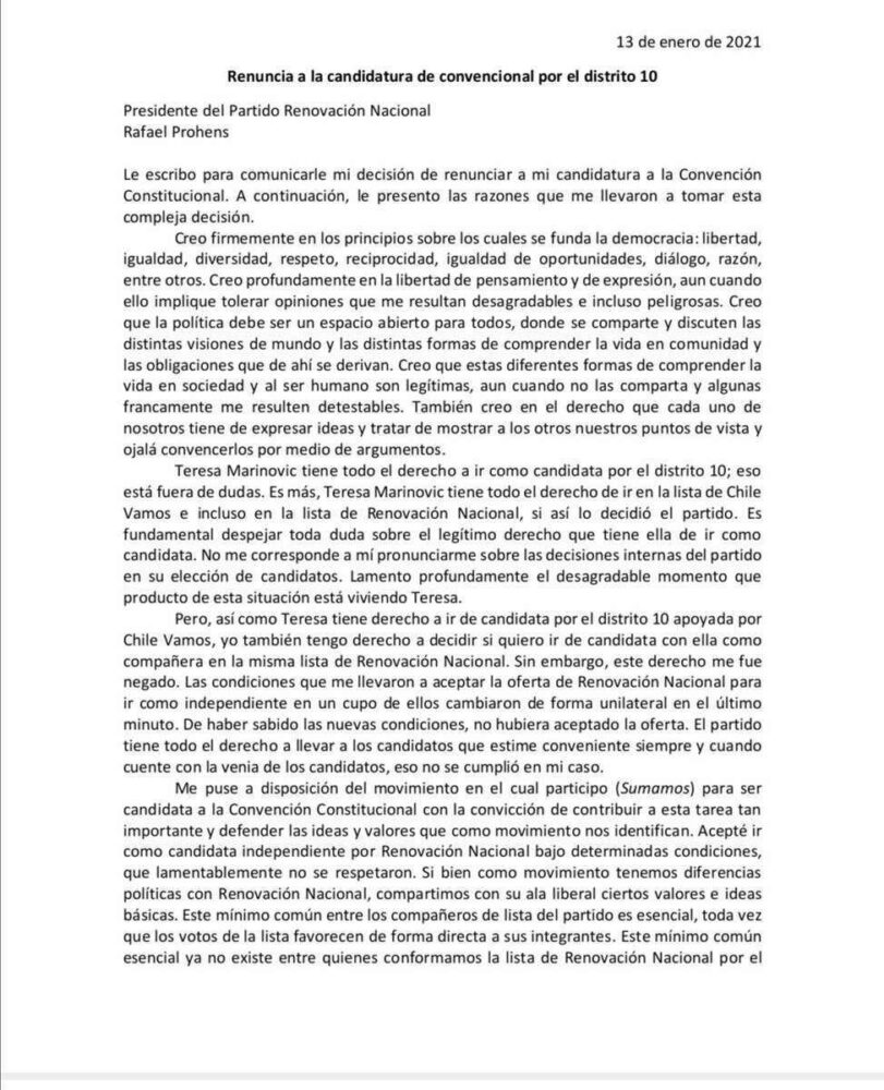 Parte de la carta enviada por Eyzaguirre a Prohens para informar su renuncia.